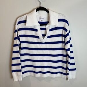 For The Republic Striped Pullover Sweater Collared Neckline Blue White‎ M